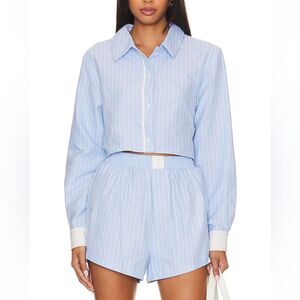 SNDYS x REVOLVE Darian Stripe Top in Blue & White cropped boyfriend blouse M